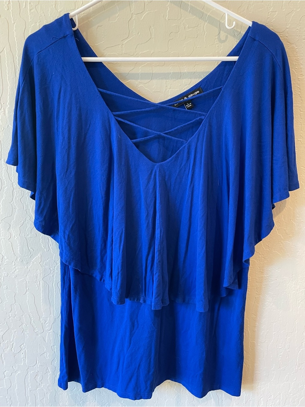 Cable & Gauge Royal Blue Flutter Sleeve V-Neck Top with Crisscross Back